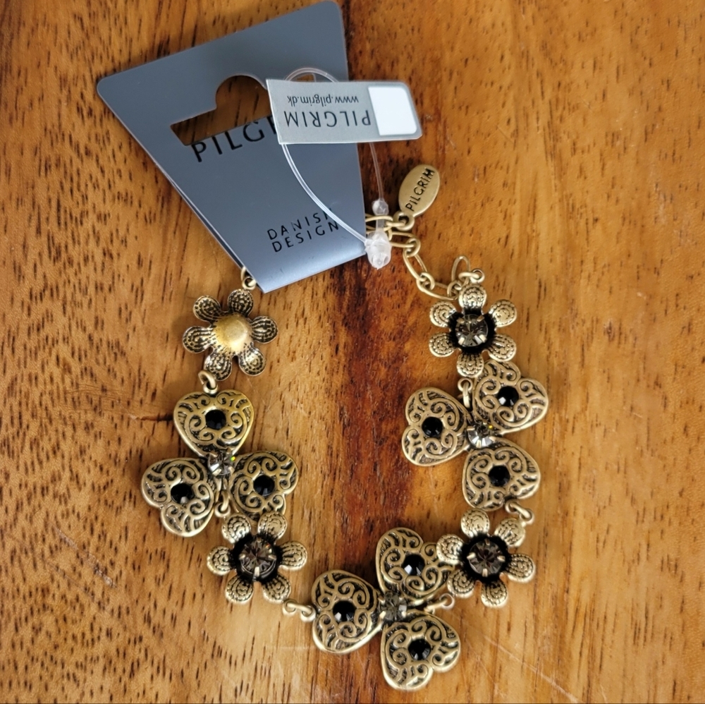 Pilgrim Skanderborg Goldtone Black Enamel and Crystal Clover Charm Bracelet